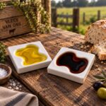 Mat witte keramieken dipschaaltjes voor olijfolie en brood. Met trapsgewijs reliëf voor verschillende kleurnuances en vaatwasserbestendig.